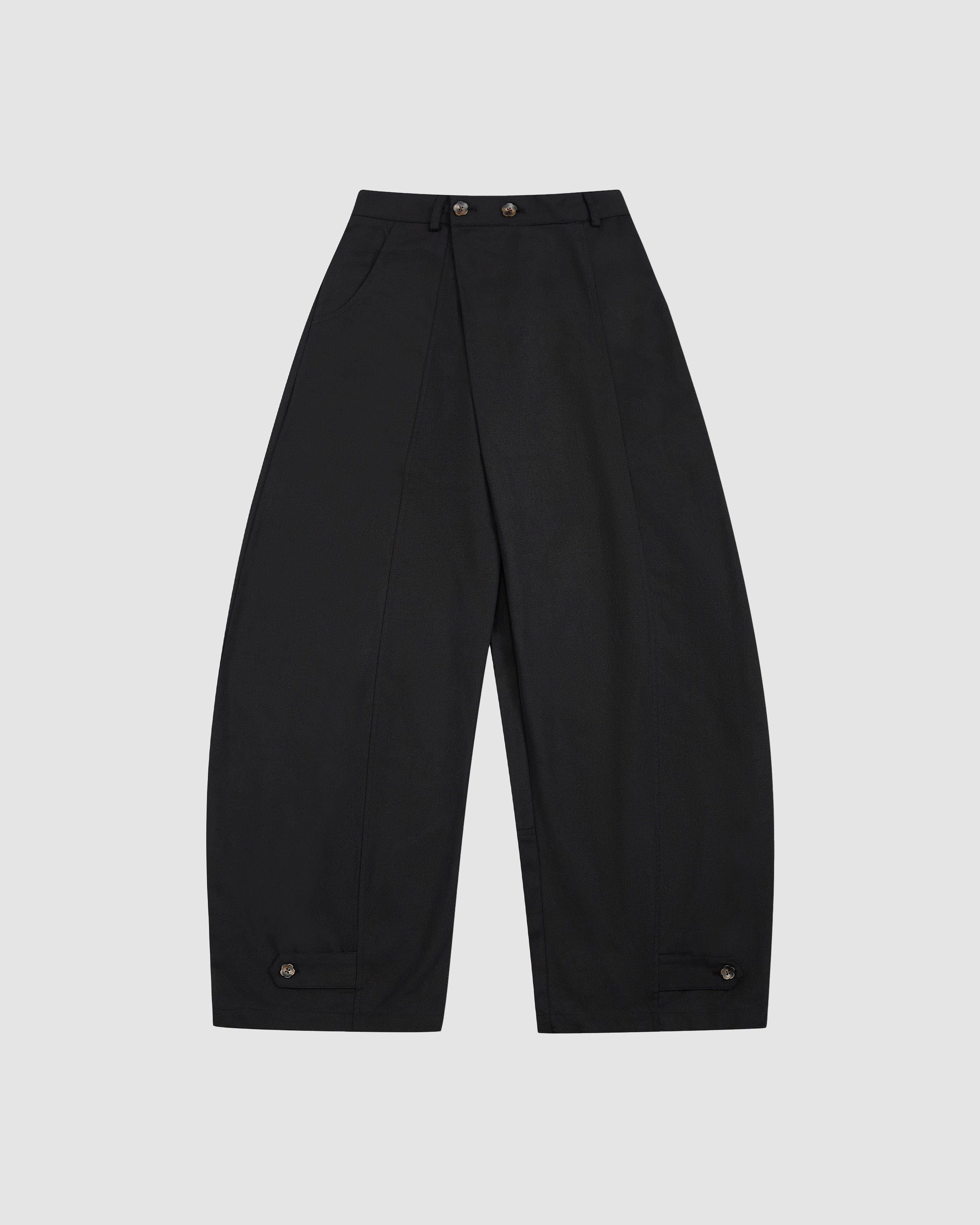 Black Hanbok Balloon Pants with wide-leg silhouette, elastic waistband, two flower-shaped buttons at the front, and adjustable button tabs at the hem.