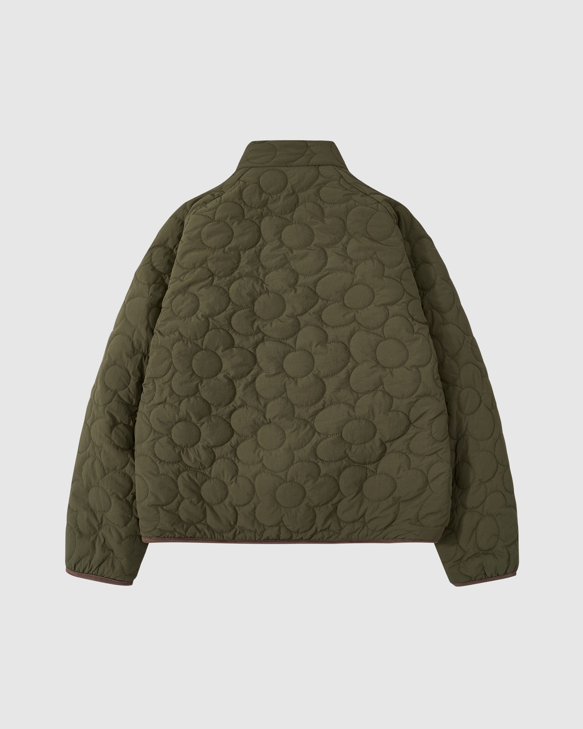 The Sundae School [PRE-ORDER] REVERSIBLE FLOWER QUILTED JEOGORI FLEECE features an olive green embossed floral pattern, high collar, relaxed fit, long sleeves, and asymmetric closure, displayed on a plain white background.