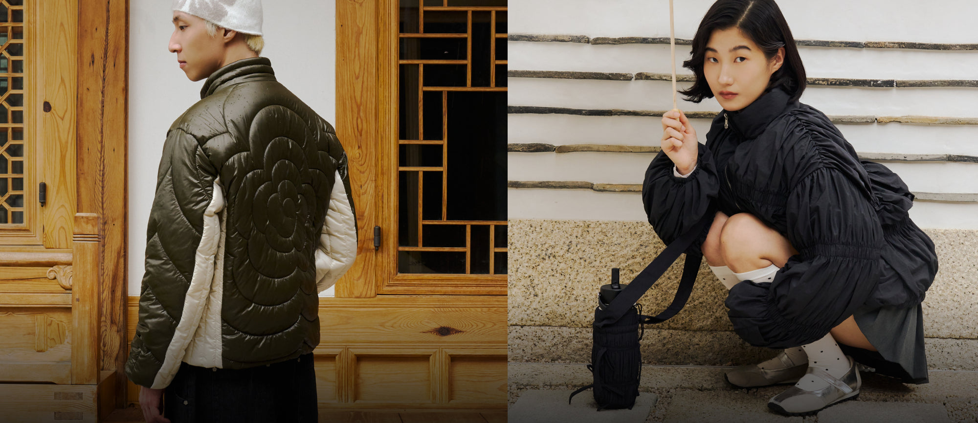 Two photos laid out side by side, one featuring a guy standing in front of the Korean traditional house hanok wearing Sundae School Olive Mochi Spiral Puffer and another featuring a girl squatting down holding an umbrella in one hand wearing Sundae School black Pleated Duvet Puffer.