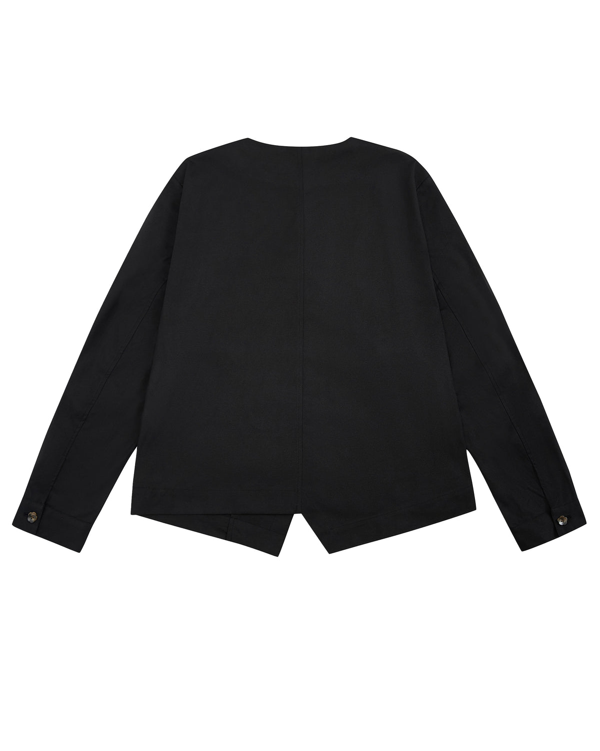 The BLACK HANBOK TIE BLAZER by Sundae School is a black long-sleeve jacket displayed from the back, featuring a straight neckline, angled hem with a central notch, and buttoned cuffs. Inspired by the traditional jeogori silhouette, this design seamlessly blends classic elegance with contemporary tailoring.