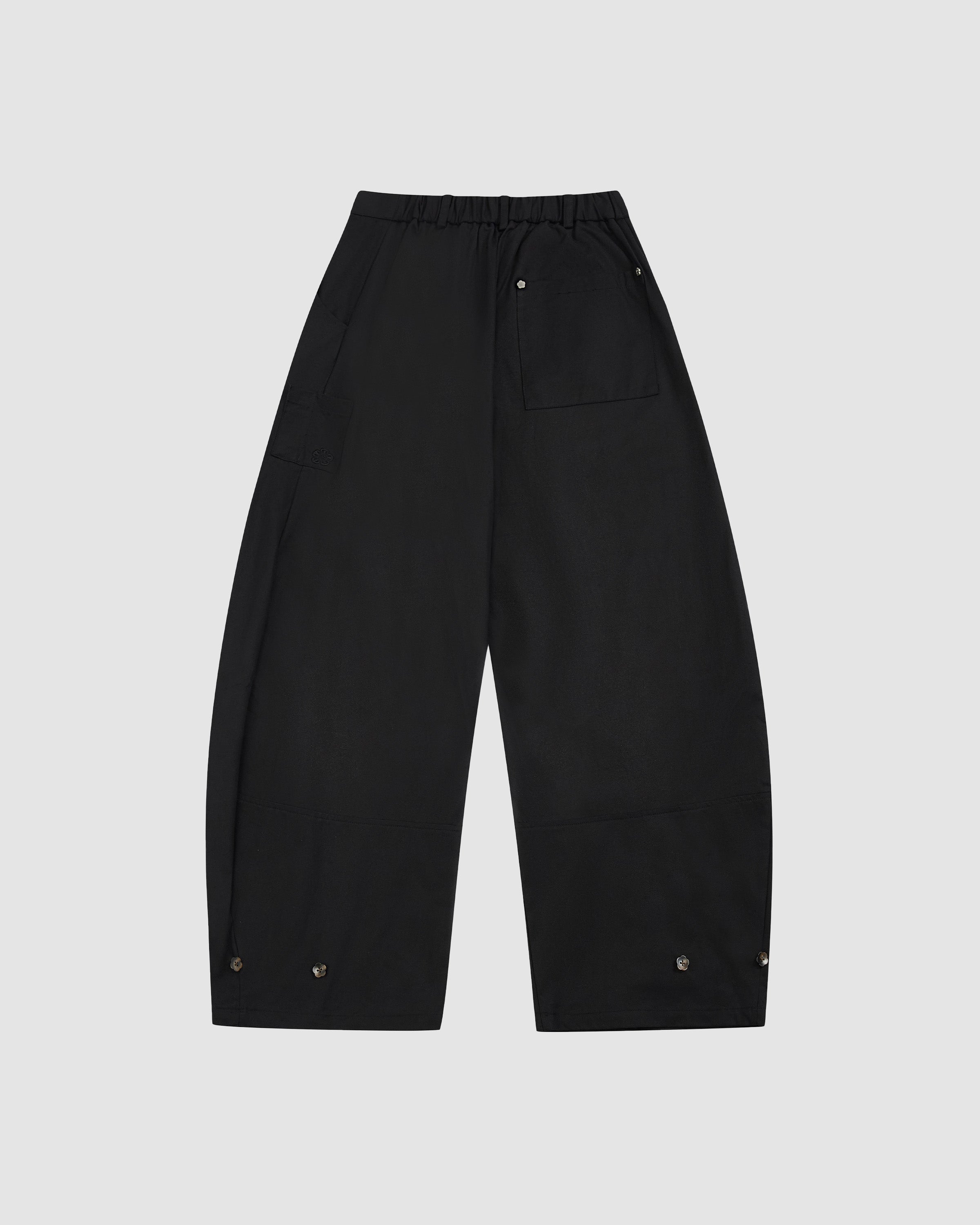 Back view of the Black Hanbok Balloon Pants showing the wide-leg silhouette and back pocket placement.