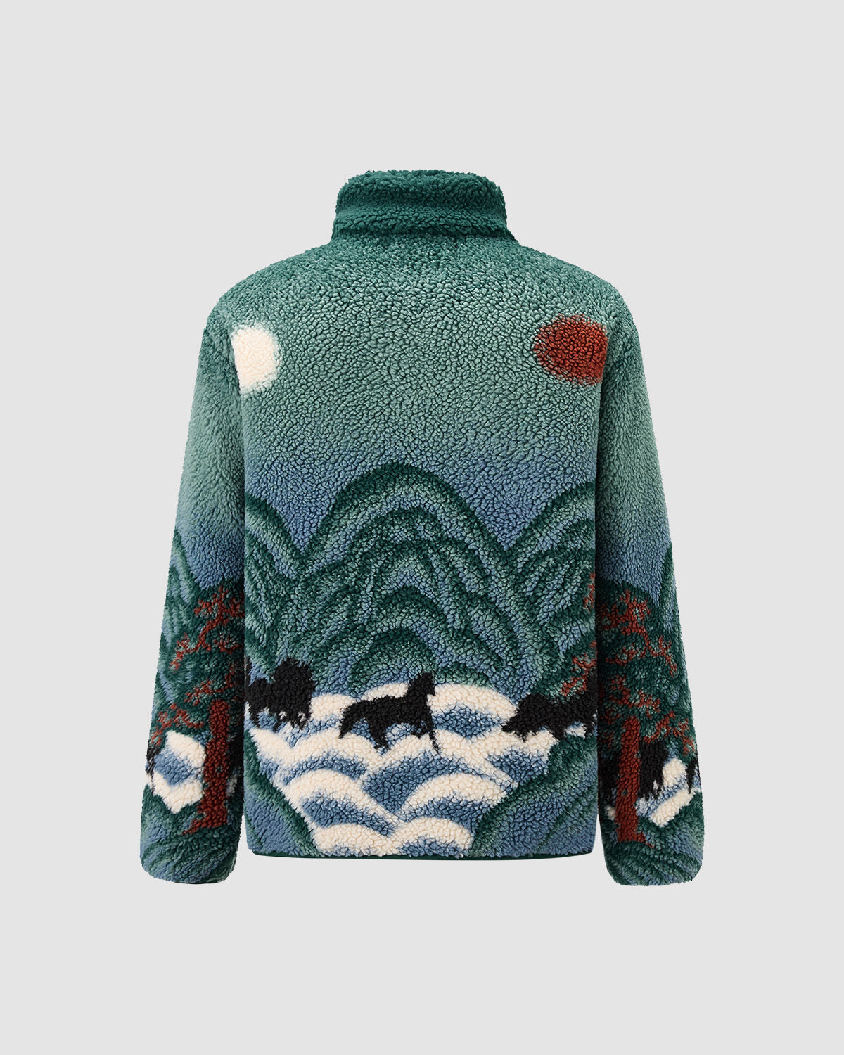 The TEAL FIVE PEAKS FLEECE by Sundae School features a cozy embossed pile fleece with green mountains, trees, black bull-like animals, a red sun, and white moon inspired by Korean Sun and Moon painting.