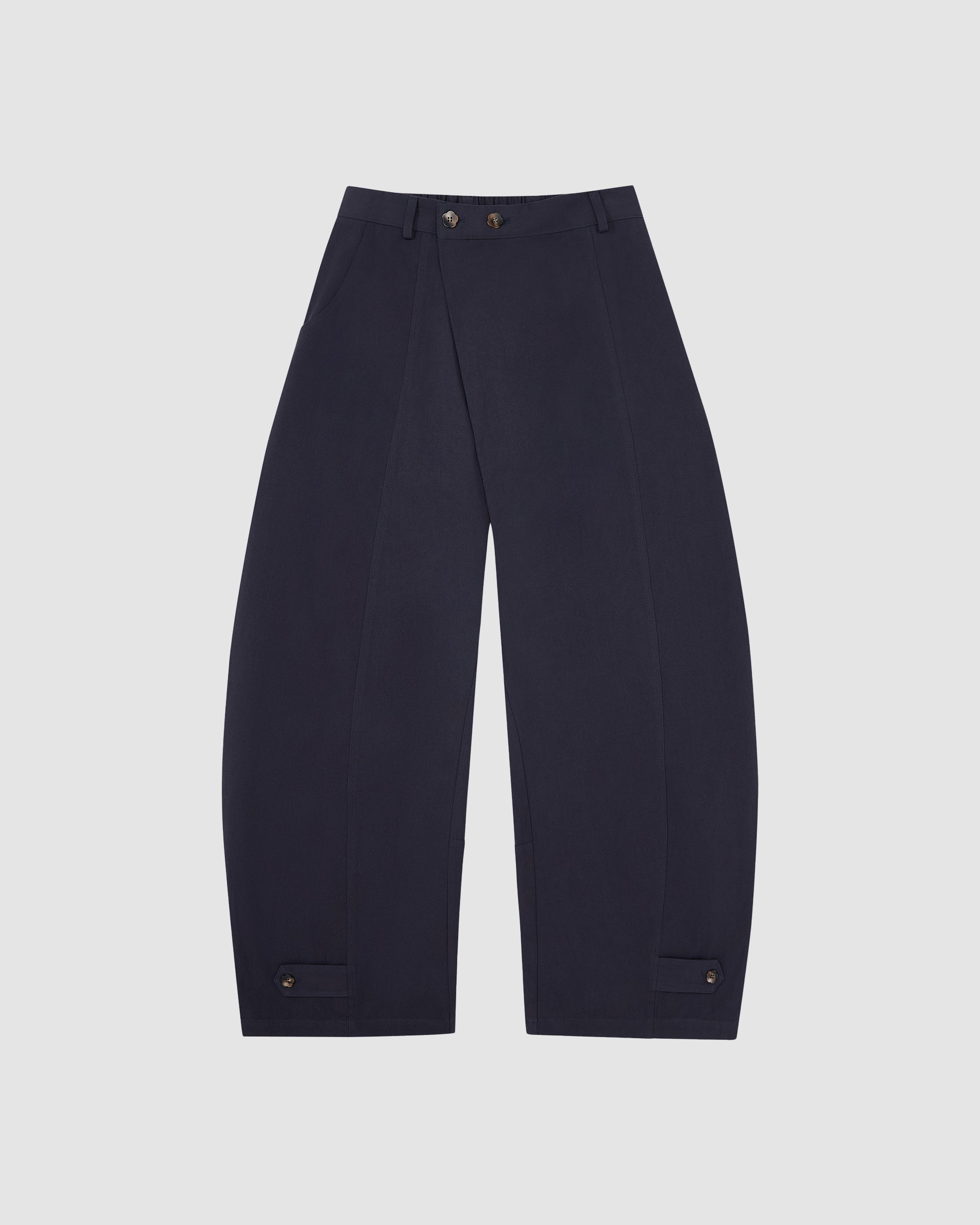 Navy blue Hanbok Balloon Pants with wide-leg silhouette, elastic waistband, two flower-shaped buttons at the front, and adjustable button tabs at the hem.