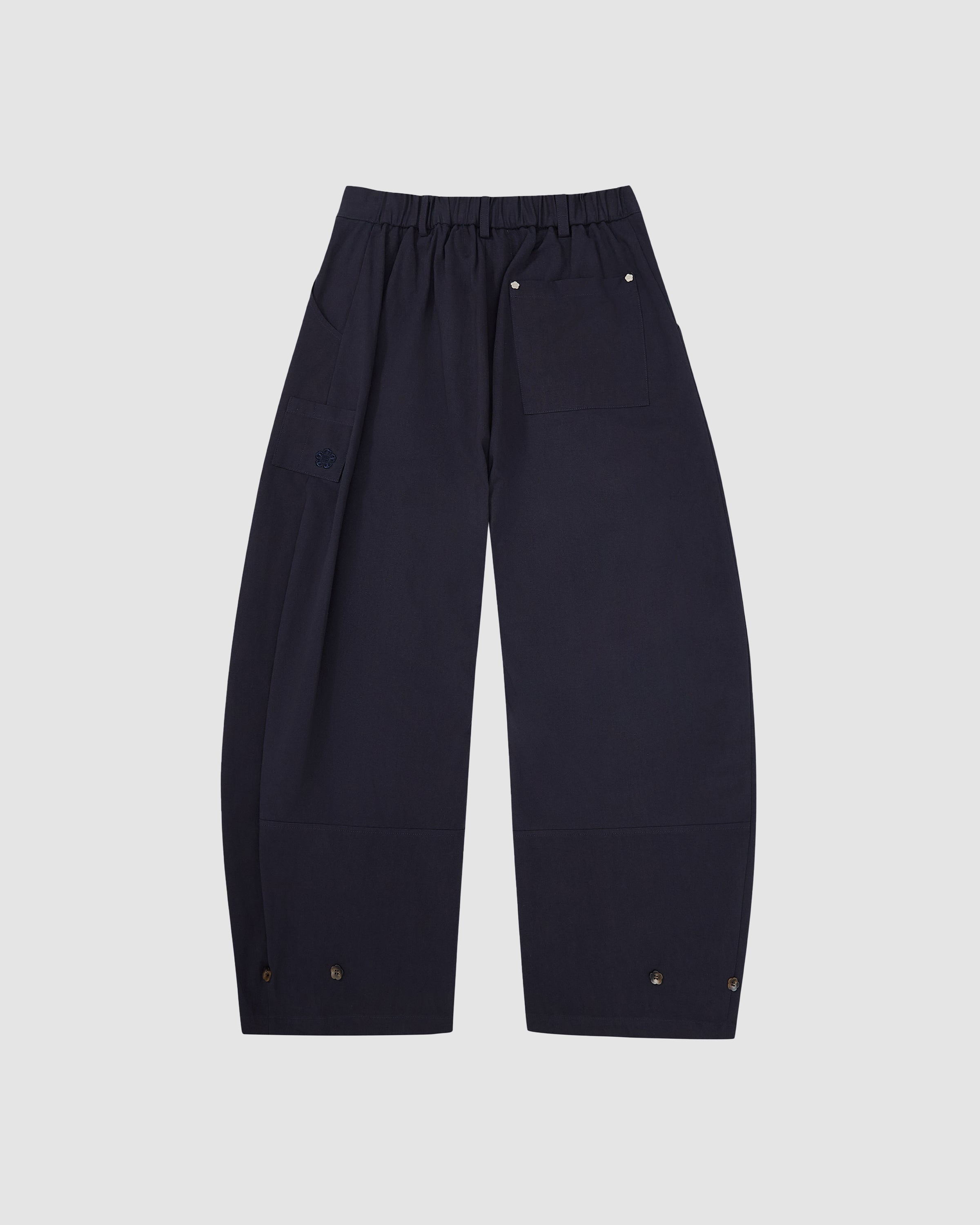 Back view of the navy Hanbok Balloon Pants showing the wide-leg silhouette and back pocket placement.