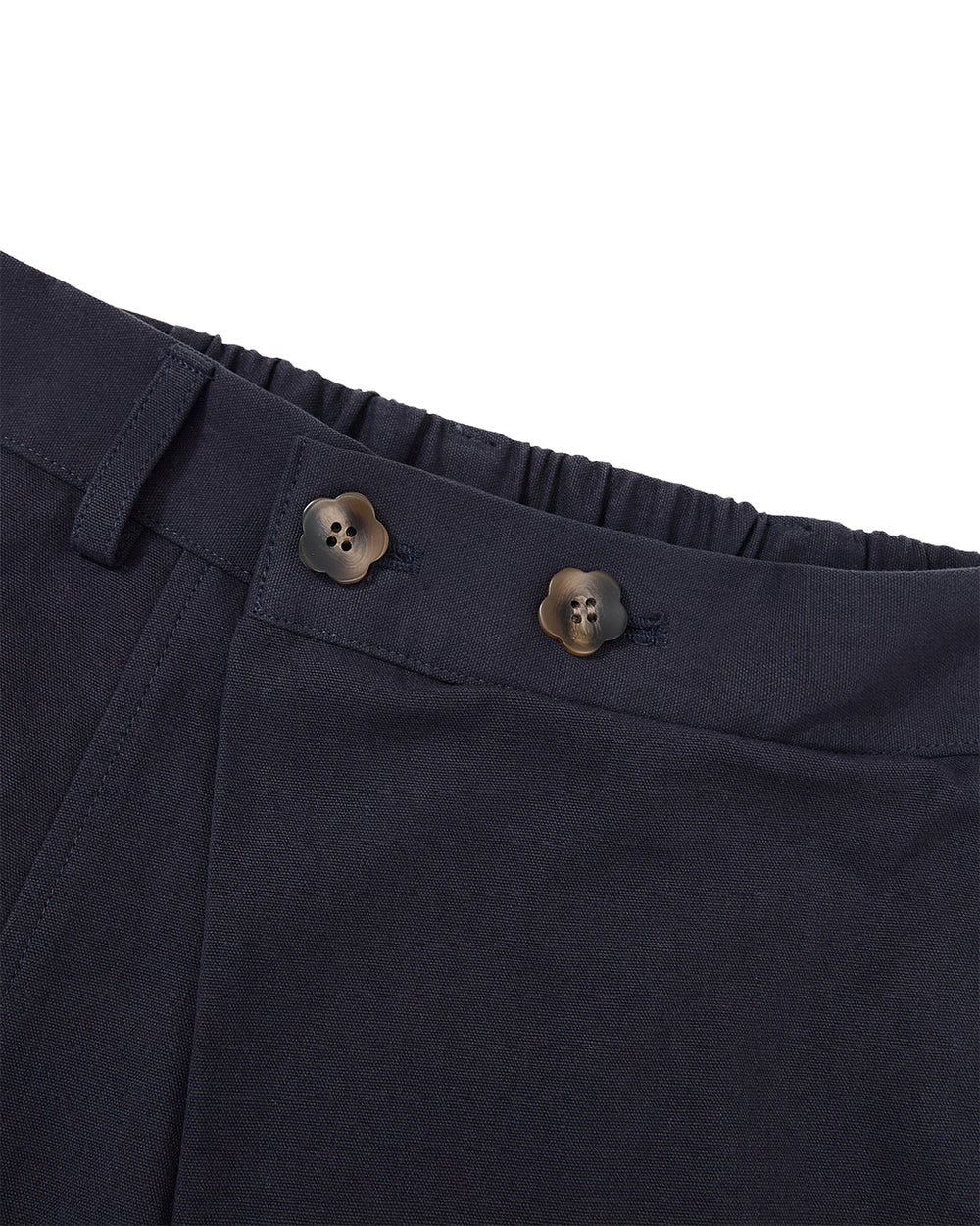Close-up of Sundae School’s NAVY HANBOK BALLOON PANTS waistband, designed in navy blue with two dark buttons and an elasticized back. These breathable cotton pants feature a belt loop and seam detailing, captured against a plain white background.