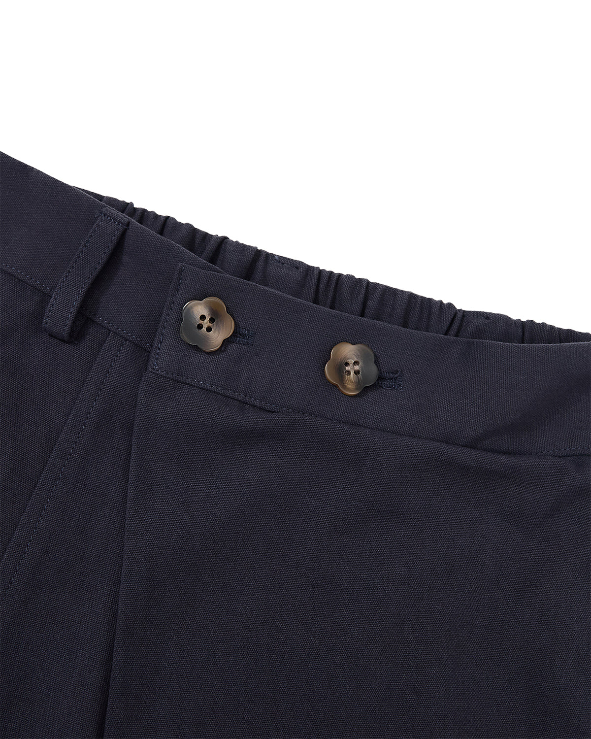 Close-up of Sundae School’s NAVY HANBOK BALLOON PANTS waistband, designed in navy blue with two dark buttons and an elasticized back. These breathable cotton pants feature a belt loop and seam detailing, captured against a plain white background.