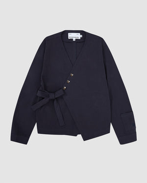 Navy blue Hanbok Tie Blazer with V-neckline, three flower-shaped buttons, asymmetrical tie closure at the waist, and long sleeves.