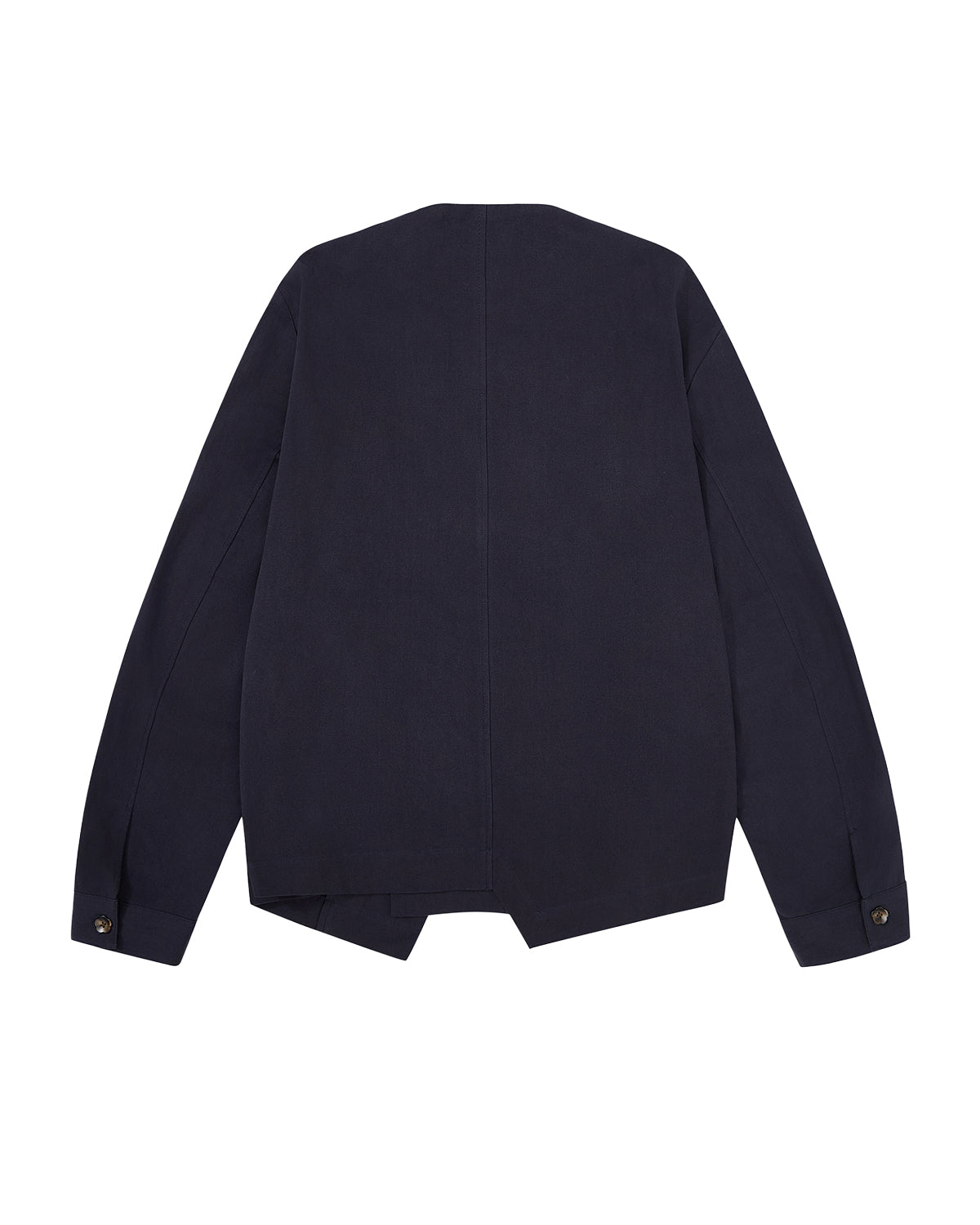 A NAVY HANBOK TIE BLAZER by Sundae School laid flat and viewed from the back. This jacket features long sleeves with buttoned cuffs, a subtle vertical center seam on the back, and is made from 100% cotton for exceptional comfort and durability.
