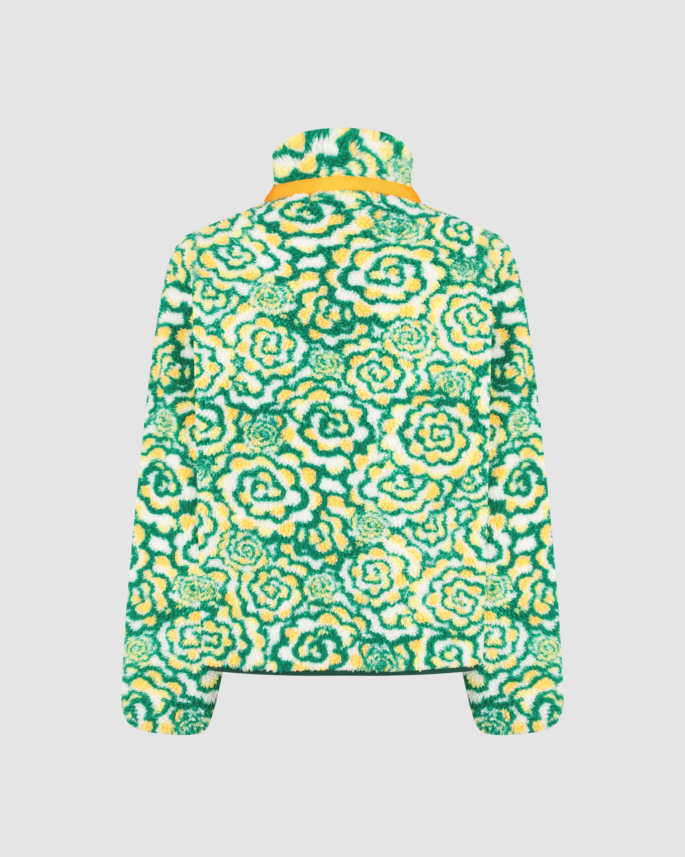 Back of the Sundae School Broccoli fleece jacket featuring green and yellow floral patterned fleece, orange contrast collar and trim details, dark green zip closure, yellow chest pocket with zipper, relaxed fit silhouette, flat lay product shot on light background.