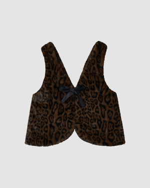 The BLACK LEOPARD BAEJA VEST / BAG by Sundae School is a sleeveless, reversible vest with a brown and black leopard print, inspired by the Korean baeja, featuring a black satin back bow, deep V neckline, and rounded hem.