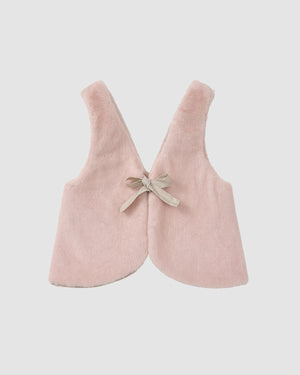The SILVER PINK BAEJA VEST / BAG by Sundae School is a soft, sleeveless light pink faux fur vest with a rounded hem and beige ribbon bow at the back, displayed flat on a white background.