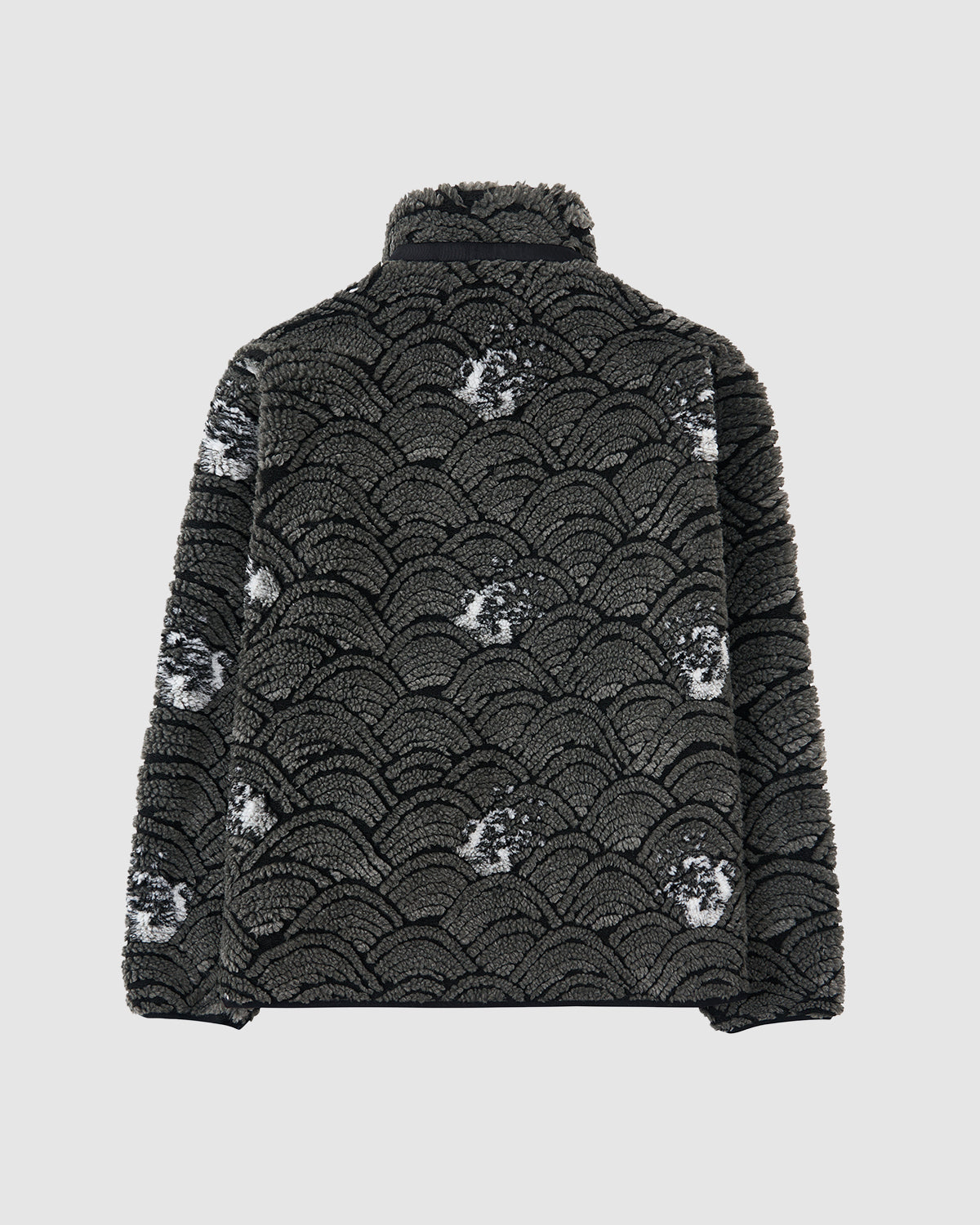 The BLACK WAVE FLEECE by Sundae School is a dark gray, fuzzy high-neck jacket with a wave jacquard pattern and white accents, shown from the back against a plain light background.