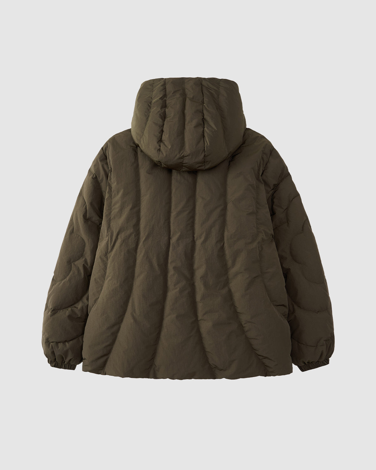 The Sundae School KHAKI HEAVYWEIGHT MOCHI PUFFER features a hood, long sleeves, and visible stitching, displayed from the back against a plain light gray background.