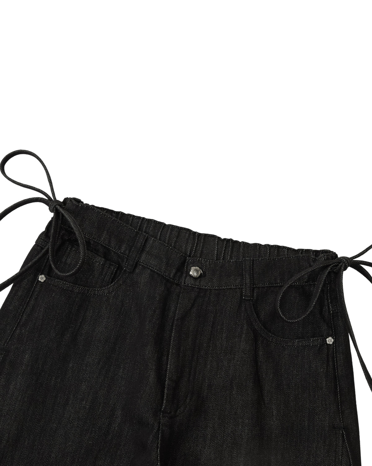 BLACK ACCORDION DENIM PANTS in black denim, featuring a flare silhouette, an elasticized waistband, and decorative rope ties at each side.