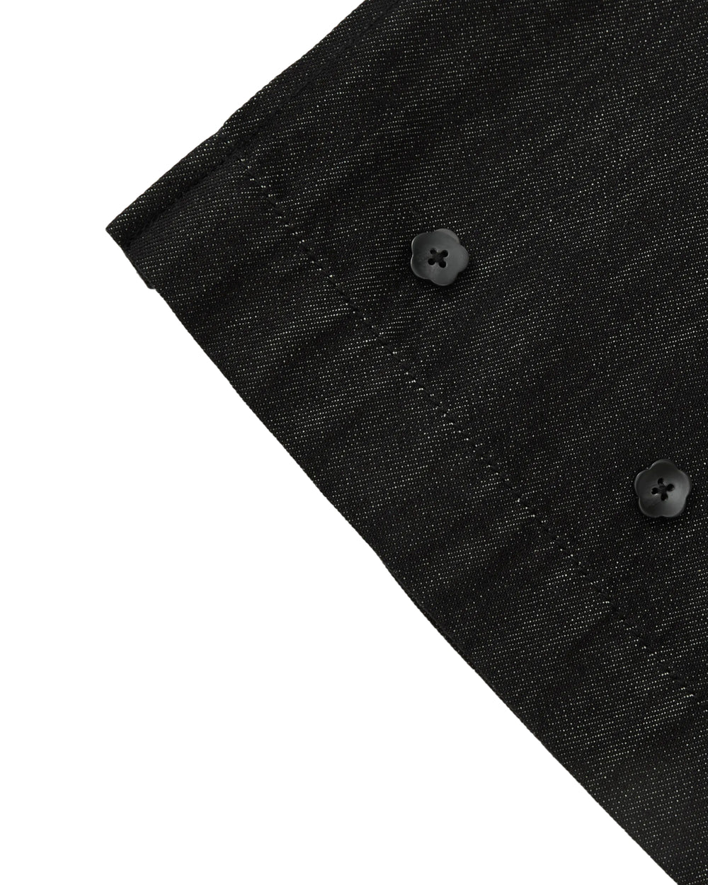 Sundae School BLACK ACCORDION DENIM PANTS in black, featuring two flower-shaped buttons and inverted pleats.
