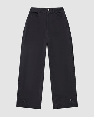 Sundae School's BLACK ACCORDION CHINO PANTS: black, high-waisted wide-leg hanbok-inspired pants with pleats, front pockets, button and zipper closure, ankle buttons—laid flat on a plain light gray background.