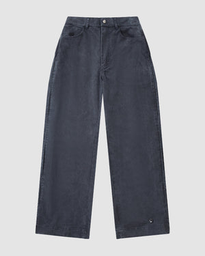 Sundae School CHARCOAL ACCORDION CHINO PANTS feature a wide-leg, high-waist silhouette in dark charcoal with front button and zip closure, two front pockets, hidden accordion pleats, and straight hem, laid flat on a light background.