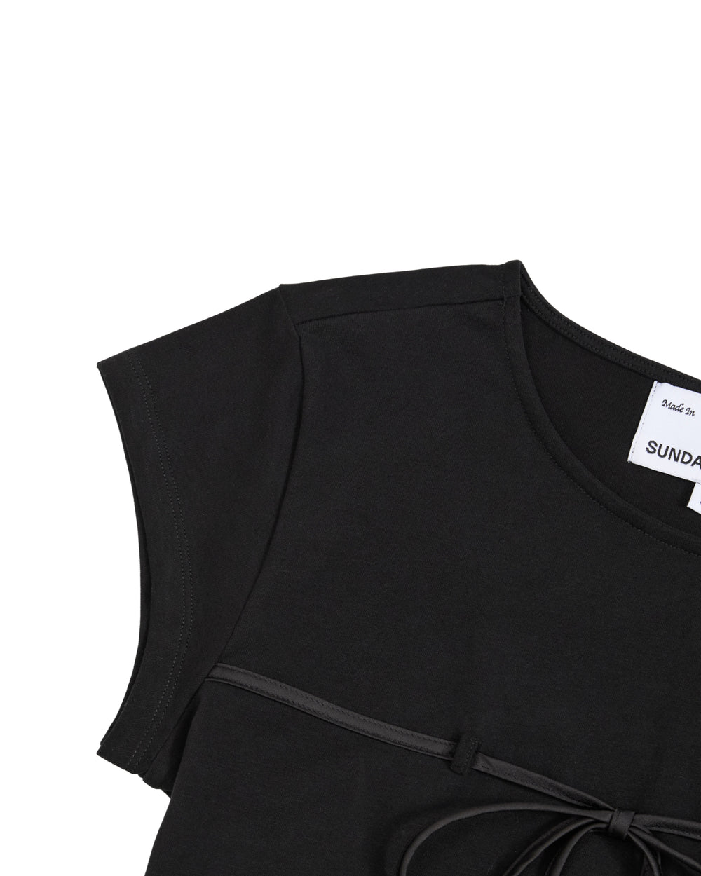 Partial view of the BLACK TIE GORUM BABY TEE by Sundae School—a black, form-fitting women’s shirt with short sleeves, styled with a thin belt tied at the waist and a visible Sundae School label.