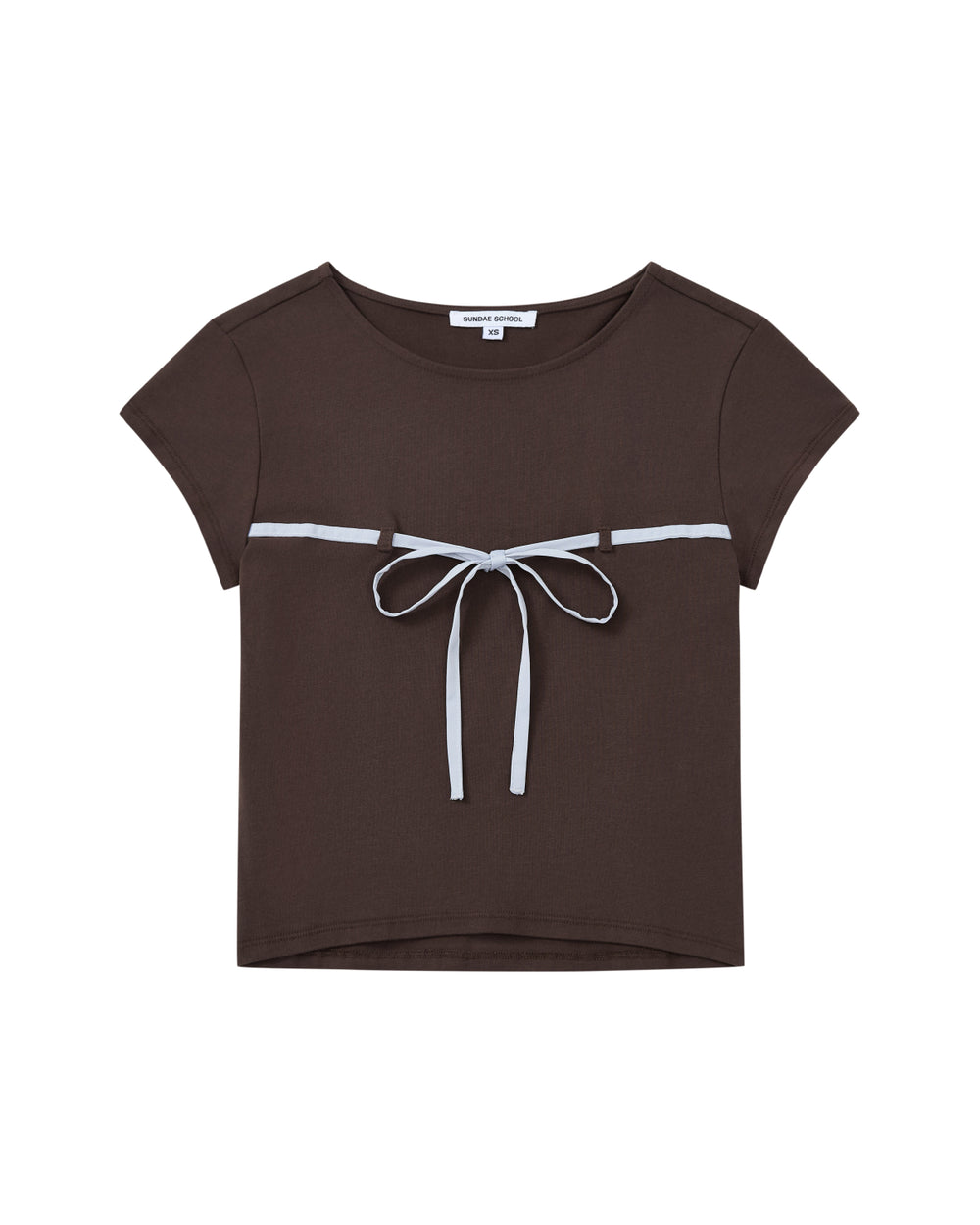 The BROWN TIE GORUM BABY TEE by Sundae School is a short-sleeved, dark brown cropped baby tee featuring a scooped neckline and a light blue bow strap tied across the chest.