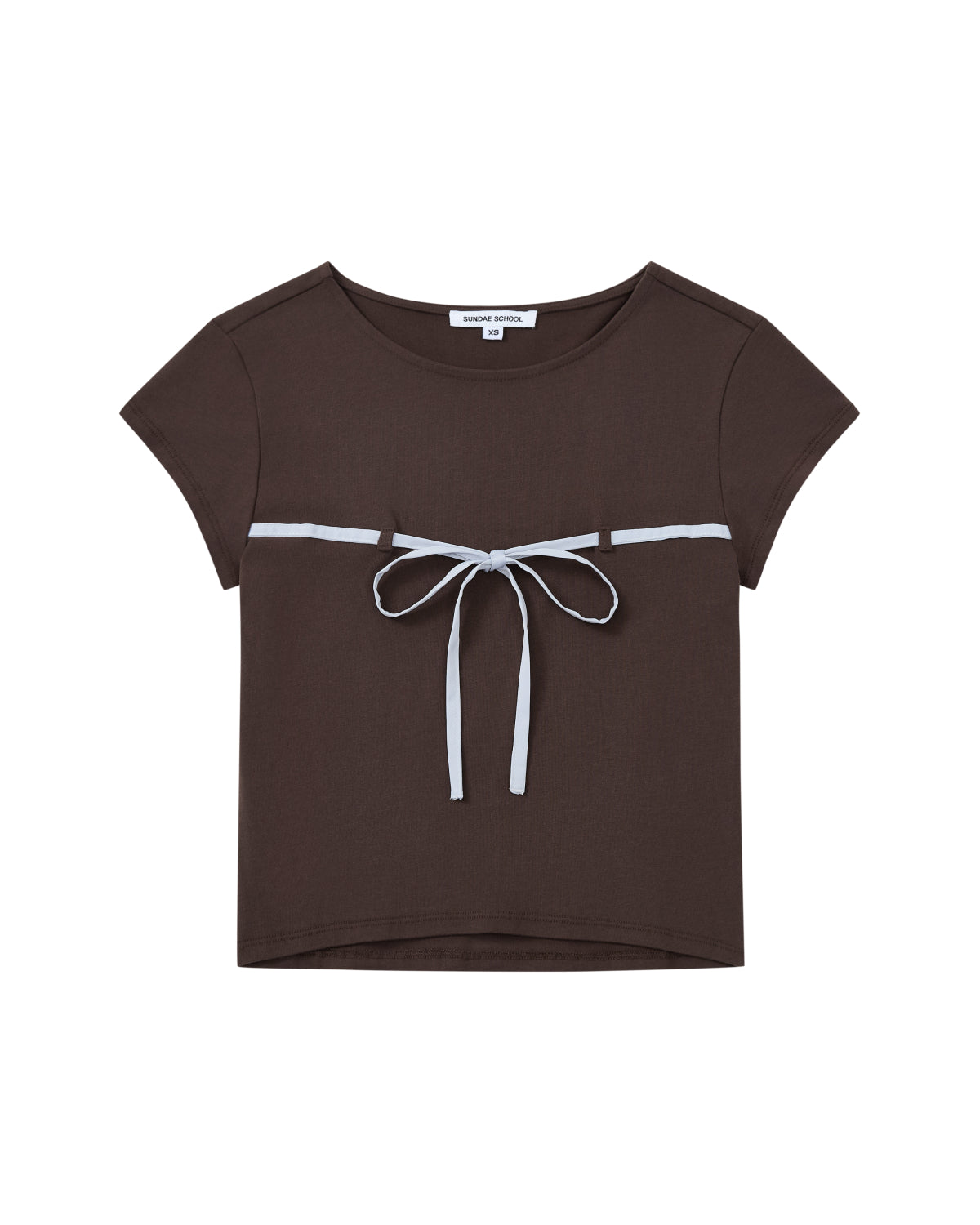 The BROWN TIE GORUM BABY TEE by Sundae School is a short-sleeved, dark brown cropped baby tee featuring a scooped neckline and a light blue bow strap tied across the chest.