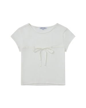 The WHITE TIE GORUM BABY TEE by Sundae School is a short-sleeved, white cropped baby tee featuring a scooped neckline and a chest strap bow detail, displayed laid flat against a white background.