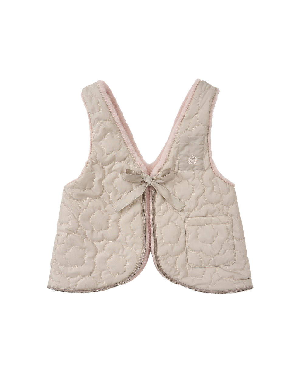 The SILVER PINK BAEJA VEST by Sundae School features a light beige quilted design with elegant floral stitching, a soft pink lining, front bow tie closure, and a single pocket on the right side. Pair it with the matching faux fur bag for a cozy yet stylish ensemble.