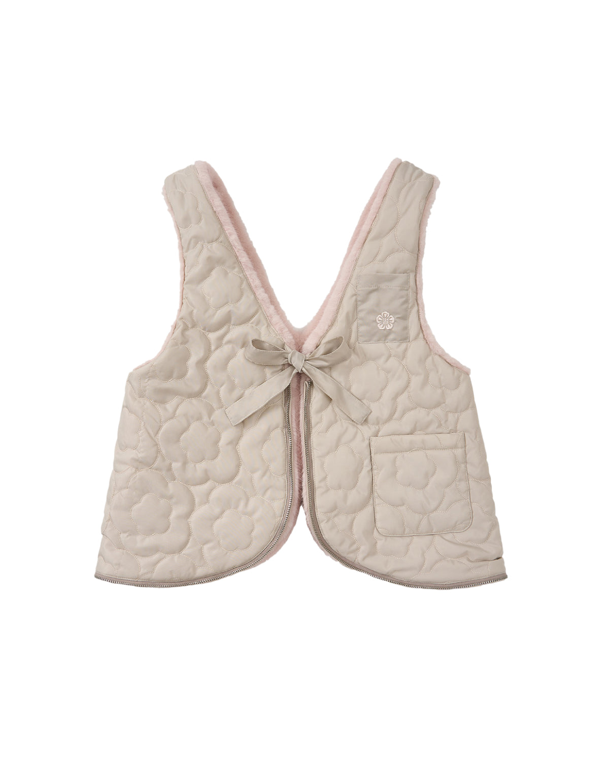 The SILVER PINK BAEJA VEST by Sundae School features a light beige quilted design with elegant floral stitching, a soft pink lining, front bow tie closure, and a single pocket on the right side. Pair it with the matching faux fur bag for a cozy yet stylish ensemble.