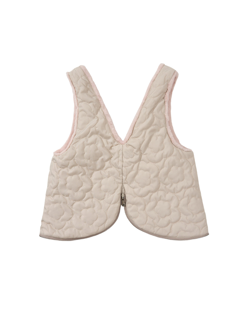 Sundae School’s SILVER PINK BAEJA VEST / BAG is a beige quilted Korean vest featuring a subtle floral pattern and a pink inner lining, presented on a white background. This reversible, sleeveless vest is open at the front, providing both style and versatility.