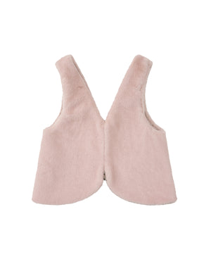 The SILVER PINK BAEJA VEST / BAG by Sundae School is a light pink, sleeveless Korean baeja vest made from plush faux fur, featuring a deep V-neck and rounded hem. Shown on a white background from the back view.