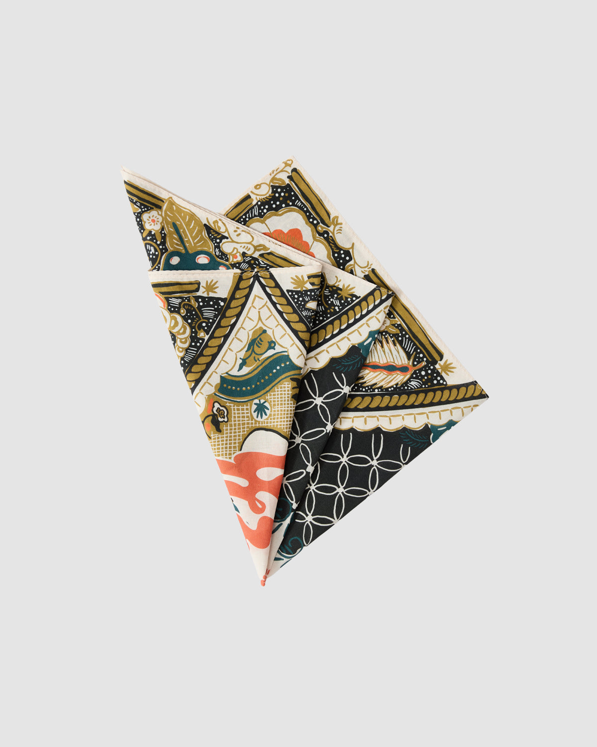 The Sundae School MULTI-COLOR BATIK BANDANA features intricate Indonesian patterns in black, gold, cream, green, and red on white—an elegant choice for those who love stylish batik accessories.