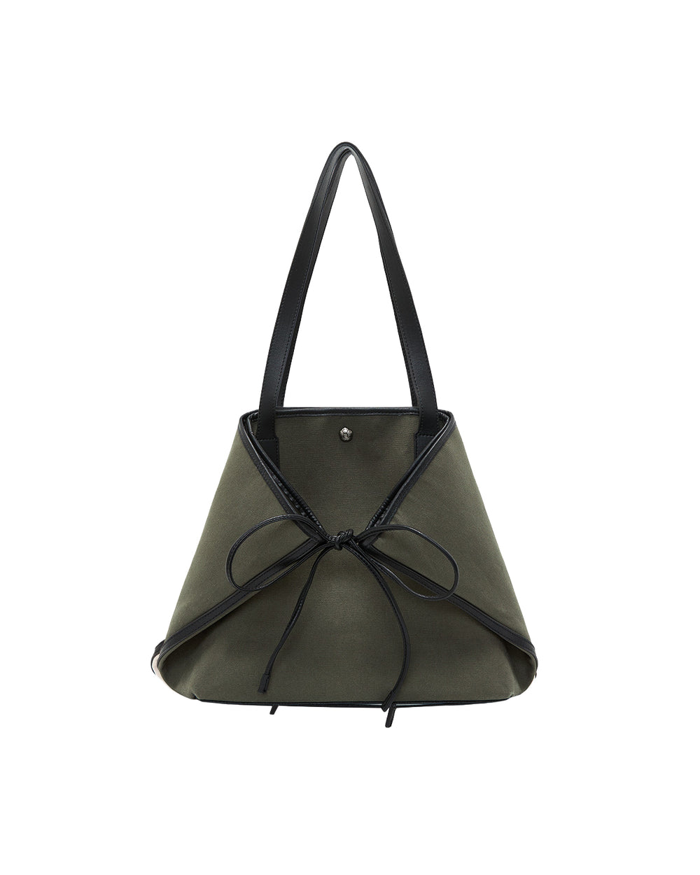 The OLIVE BOJAGI TIE TOTE BAG by Sundae School is a pyramid-shaped vegan leather handbag in olive green, featuring black handles and trim, a distinctive black bow on the front, and a small silver stud near the top center.