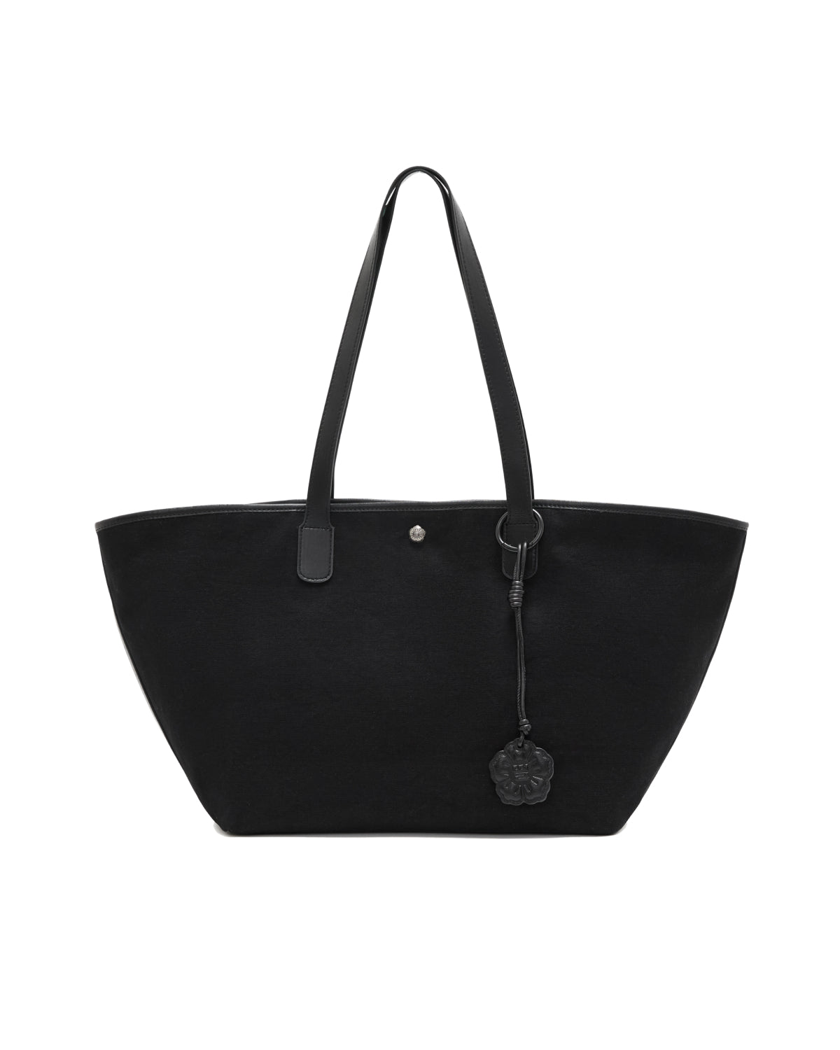 Sundae School BLACK BOJAGI TIE TOTE BAG in black with two vegan leather handles and a floral charm hanging from a ring.