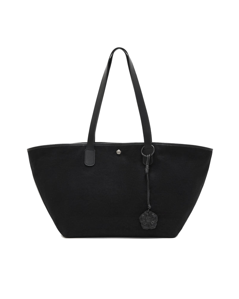 Sundae School BLACK BOJAGI TIE TOTE BAG in black with two vegan leather handles and a floral charm hanging from a ring.