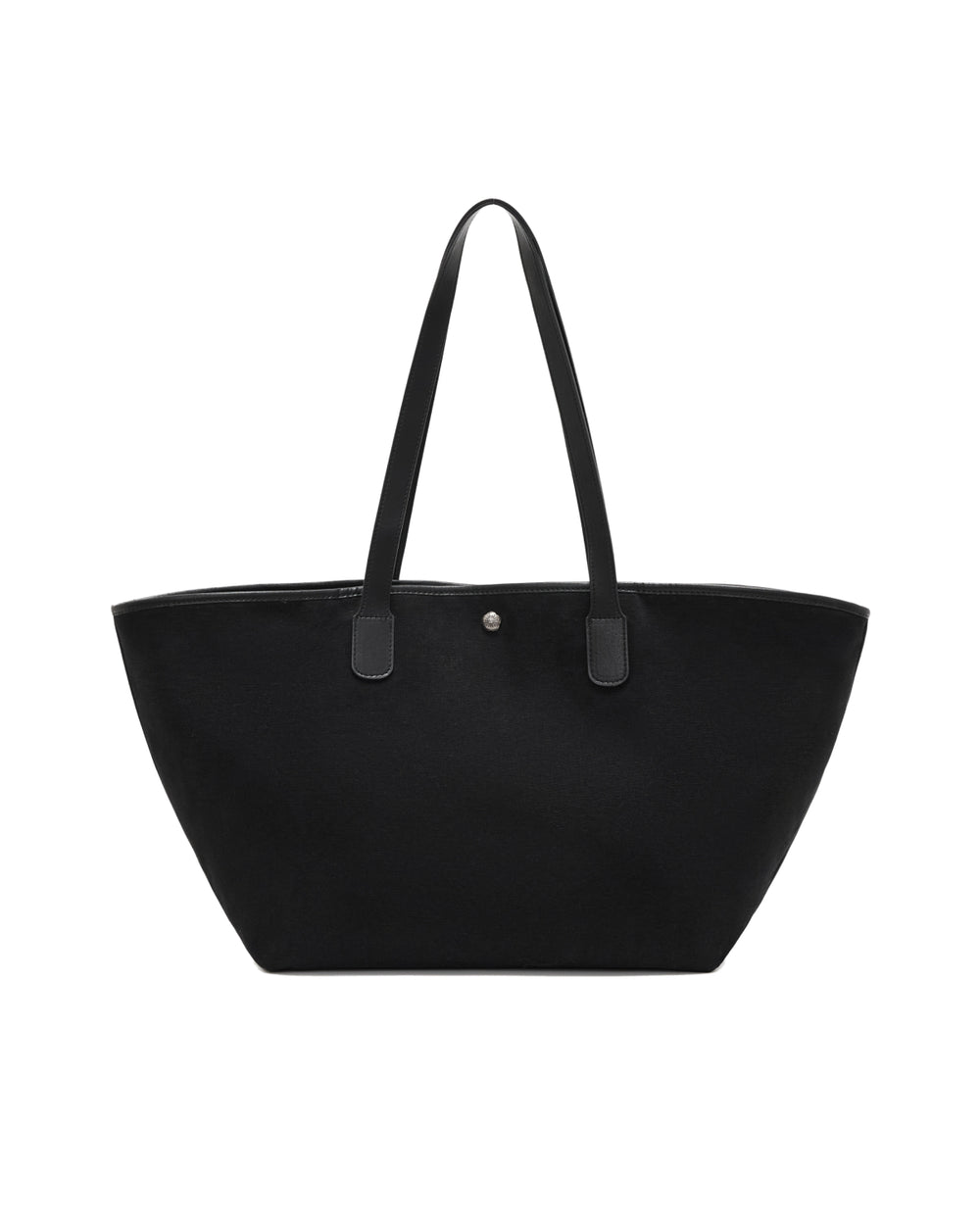 A black Sundae School BLACK BOJAGI TIE TOTE BAG with vegan leather handles, two shoulder straps, and a central snap closure.