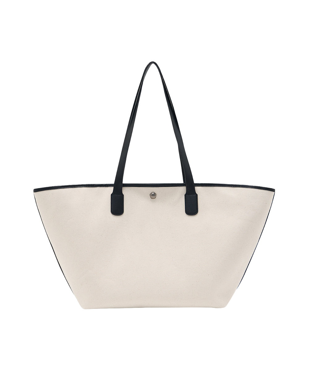 The IVORY BOJAGI TIE TOTE BAG by Sundae School, featuring black vegan leather trim and handles, is displayed upright against a plain white background.
