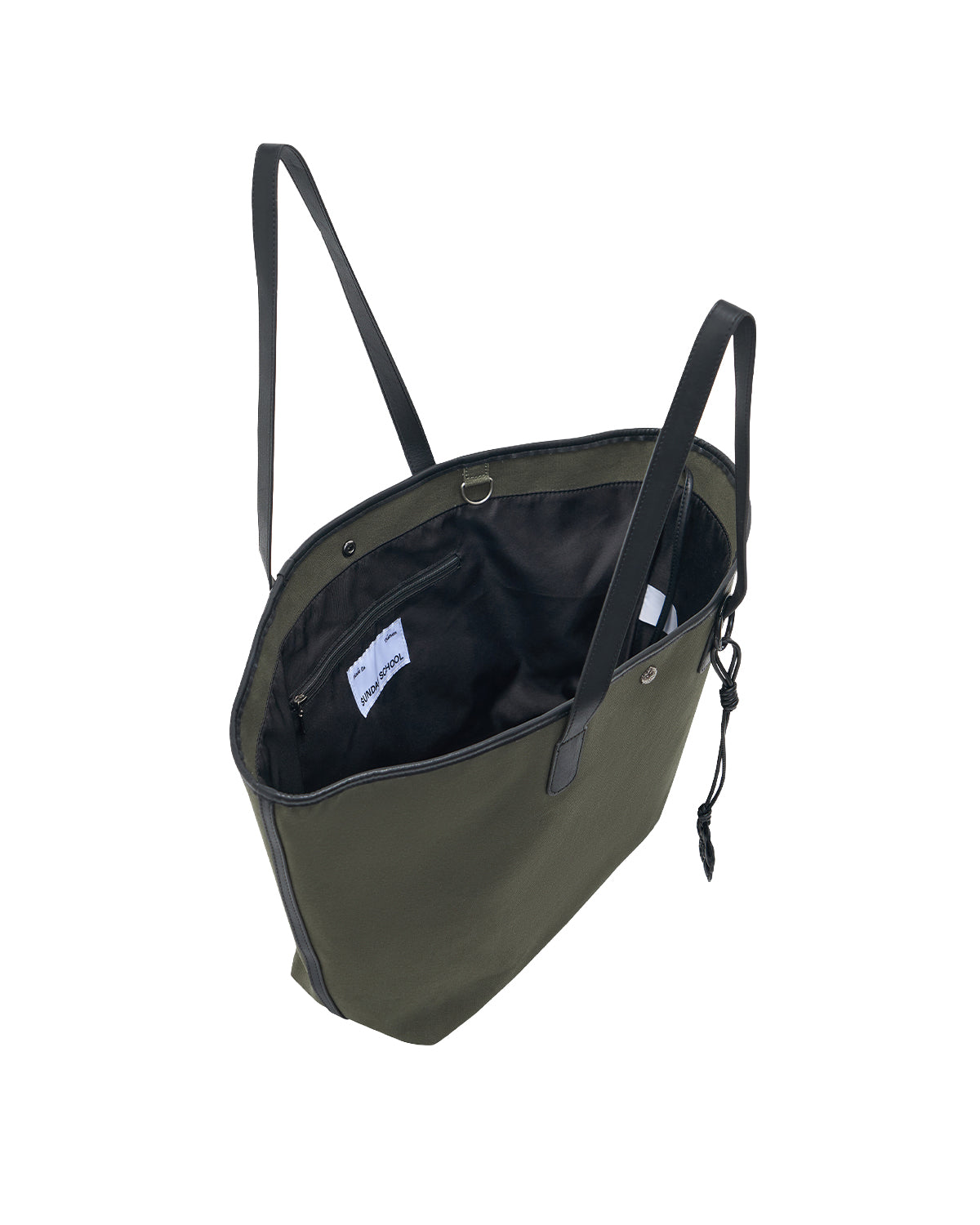 OLIVE BOJAGI TIE TOTE BAG by Sundae School in olive green, featuring black handles, displayed from above with the top open to reveal a black interior lining and an inner tag.