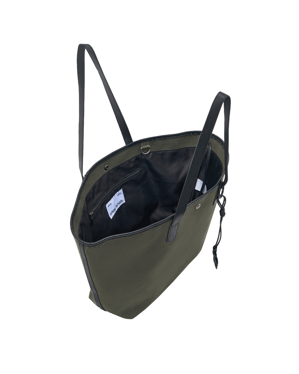 OLIVE BOJAGI TIE TOTE BAG by Sundae School in olive green, featuring black handles, displayed from above with the top open to reveal a black interior lining and an inner tag.