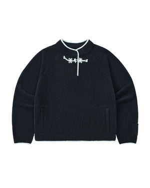 A navy long-sleeve butterfly fleece pullover by Sundae School featuring white trim, a mandarin collar, two front pockets, and decorative flower knot toggles at the neck.