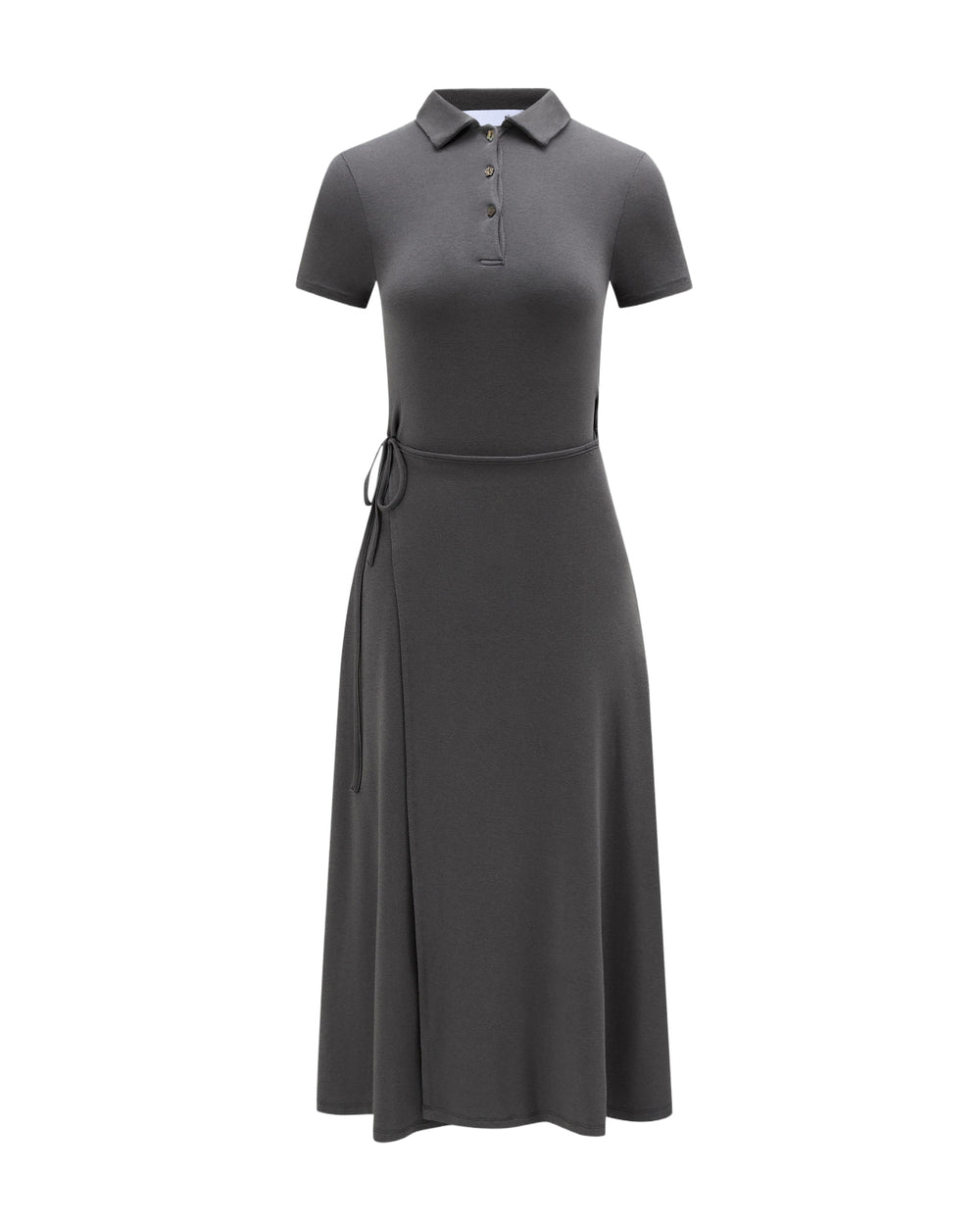 The Sundae School DARK GREY CINDY POLO DRESS is a short-sleeve, dark gray collared midi dress featuring a buttoned neckline and a waist tie on the left side. With its gently flared skirt and fitted silhouette, this knee-length dress is shown against a white background.
