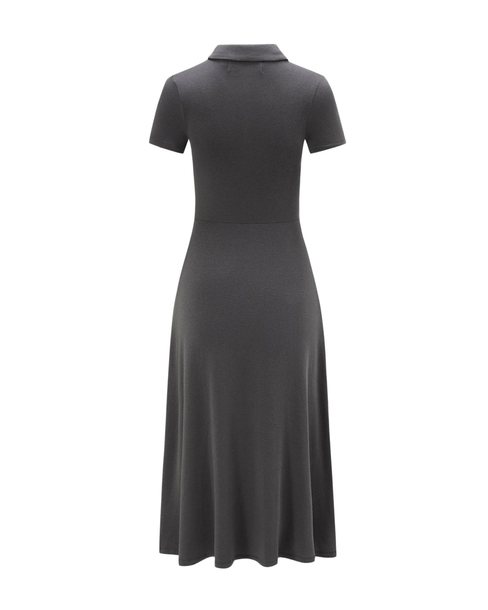 The DARK GREY CINDY POLO DRESS by Sundae School is a short-sleeve, collared summer wool dress shown from the back, featuring a fitted bodice and flared skirt for a classic, tailored midi silhouette.