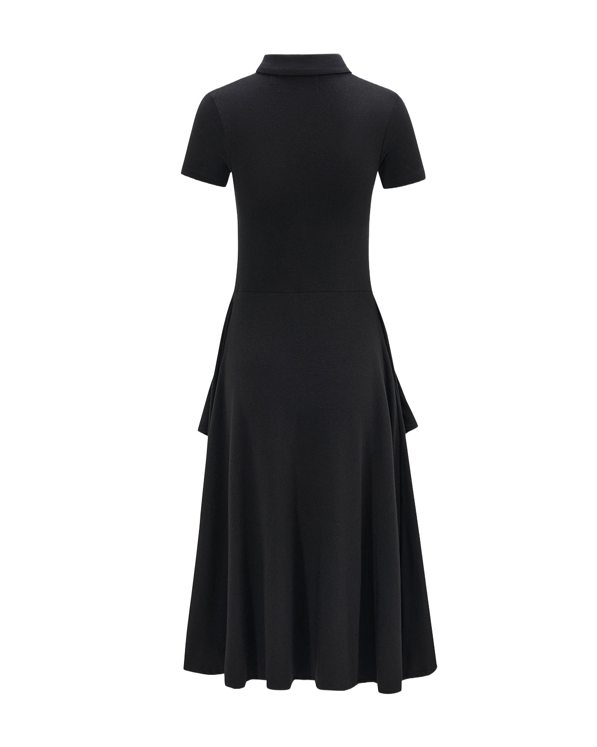 The BLACK CINDY POLO DRESS by Sundae School is shown from the back. This black, short-sleeve, collared midi dress features a fitted bodice, a flared skirt, and subtle waist detailing.