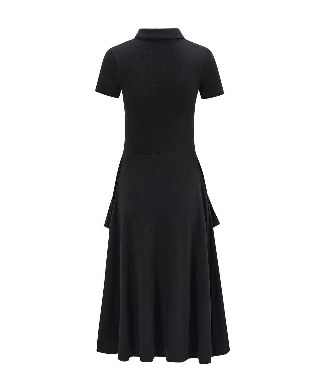 The BLACK CINDY POLO DRESS by Sundae School is shown from the back. This black, short-sleeve, collared midi dress features a fitted bodice, a flared skirt, and subtle waist detailing.