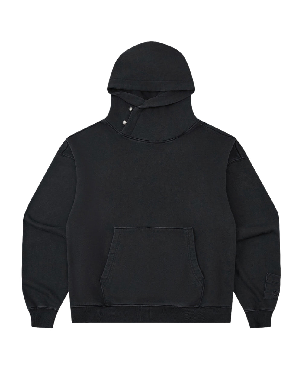 The FADE BLACK COCOON HOODIE by Sundae School is a black hooded sweatshirt featuring long peret sleeves, a front pocket, and a distinctive cross-button closure at the neck. Designed with an oversized hood, the hoodie is shown laid flat against a white background.