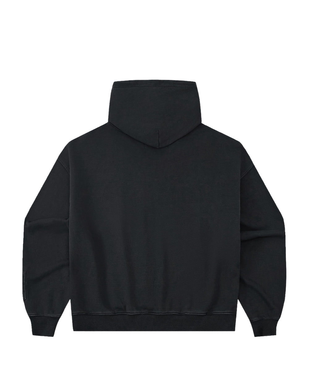 The Sundae School FADE BLACK COCOON HOODIE is shown from the back, featuring a hood and long sleeves with a subtle winged silhouette, and has no visible logos or designs.