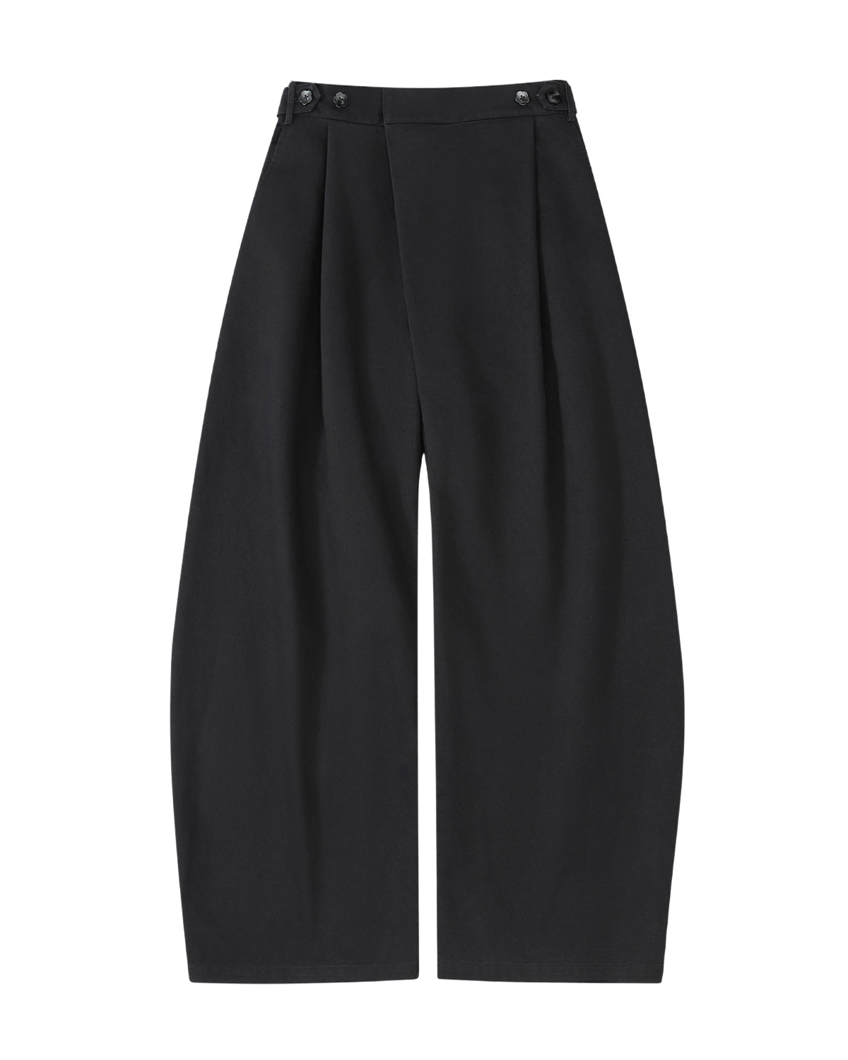 The BLACK HANBOK CHINO PANTS by Sundae School feature a wide-leg silhouette, front pleats, high waist, and side button details at the waistband, shown laid flat on a white background.