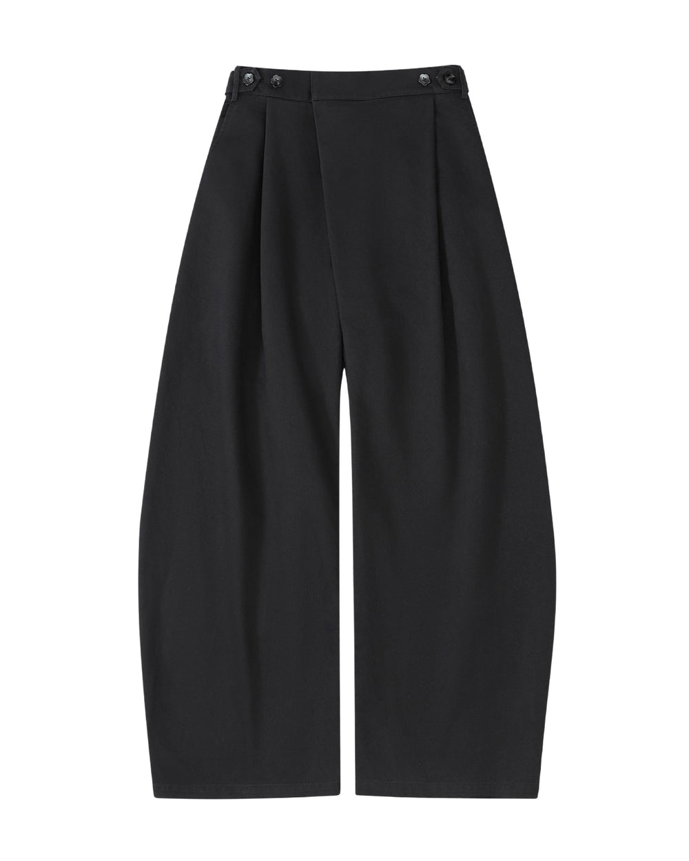 The BLACK HANBOK CHINO PANTS by Sundae School feature a wide-leg silhouette, front pleats, high waist, and side button details at the waistband, shown laid flat on a white background.