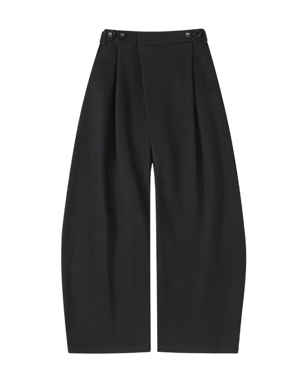 The BLACK HANBOK CHINO PANTS by Sundae School feature a wide-leg silhouette, front pleats, high waist, and side button details at the waistband, shown laid flat on a white background.