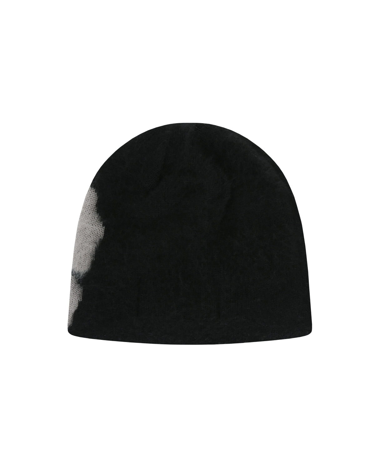 The Black Ddul Beanie by Sundae School is a black acrylic hat with a light gray patch on the left side, shown against a plain light gray background.