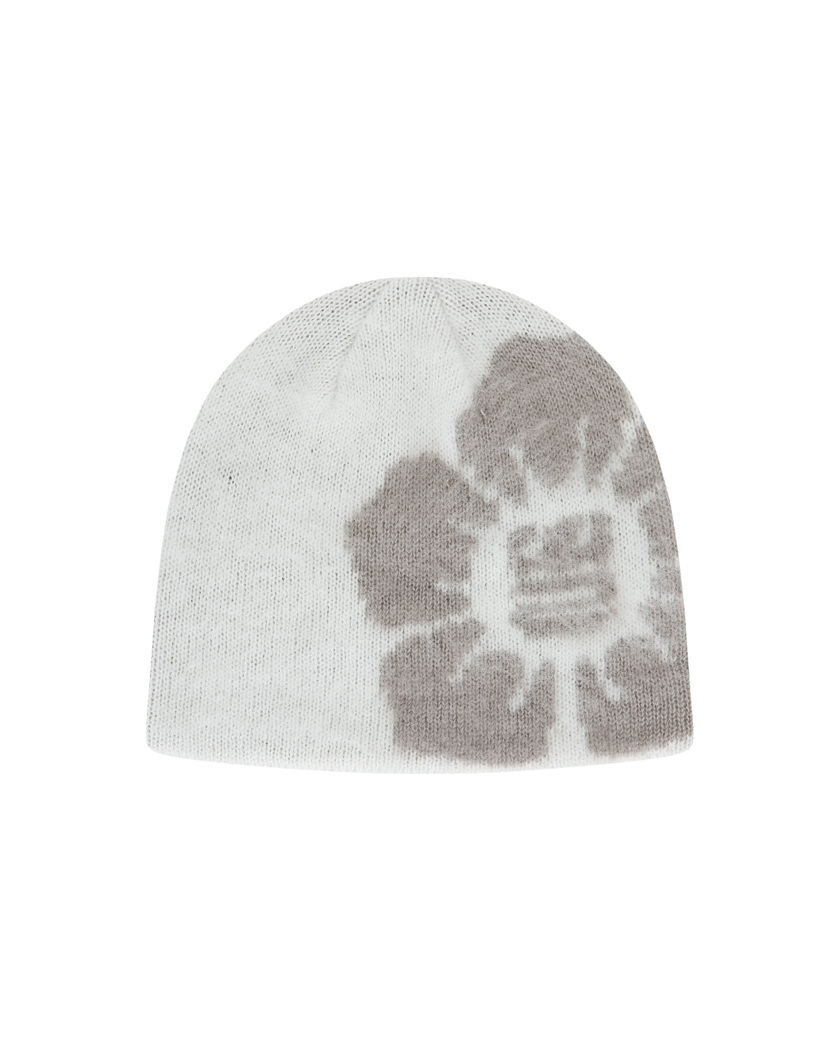 The Ivory Ddul Beanie by Sundae School is a white acrylic hat featuring a bold gray abstract flower on one side, combining stylish design with brain protection, shown on a plain light background.