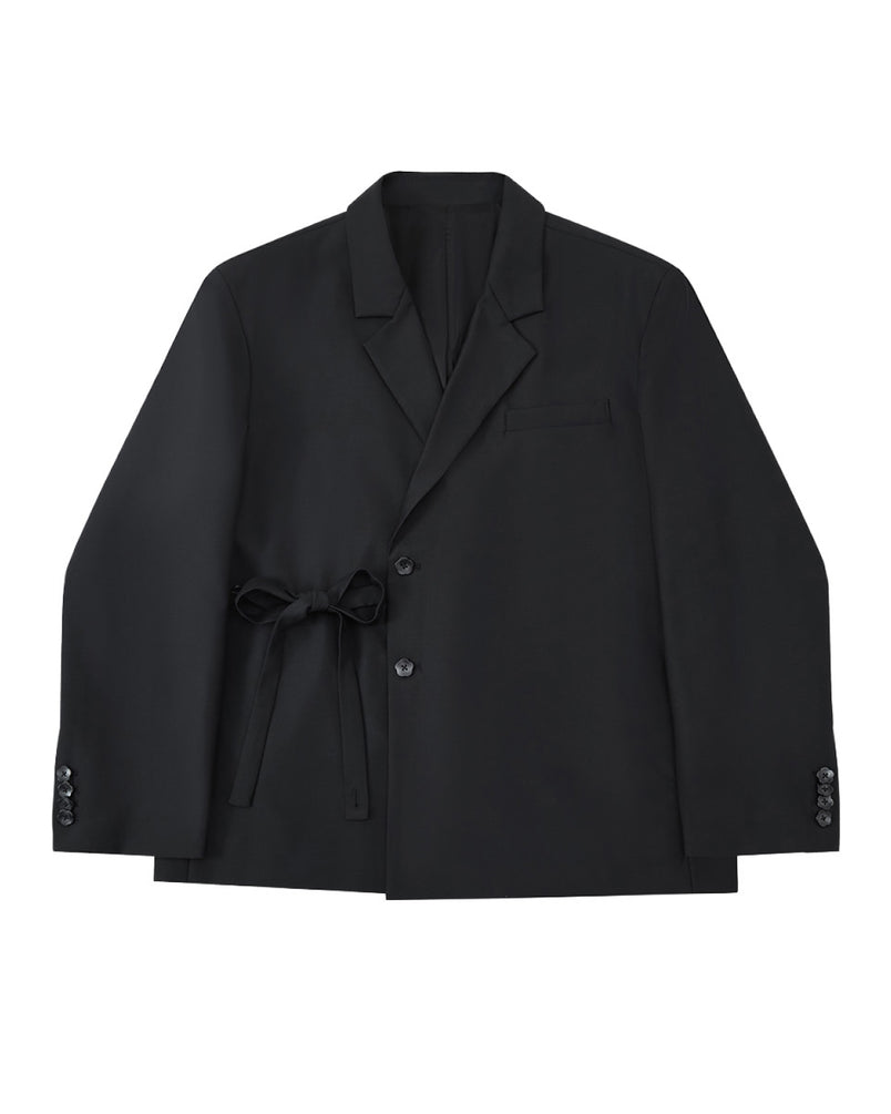 The BLACK DOUBLE DUTY BLAZER by Sundae School features a notched lapel, button closure, and hidden left-side goreum tie waist, shown laid flat on a light gray background.